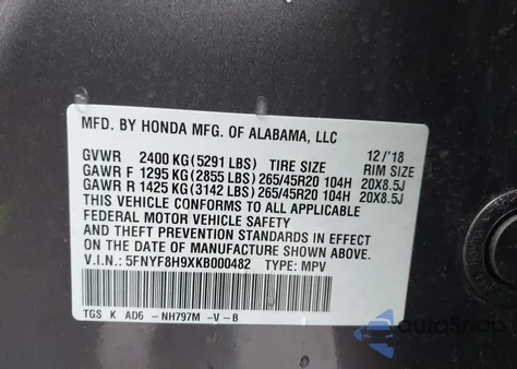 2019 Honda Passport Touring z USA, uszkodzony, nr VIN 5FNYF8H9XKB000482